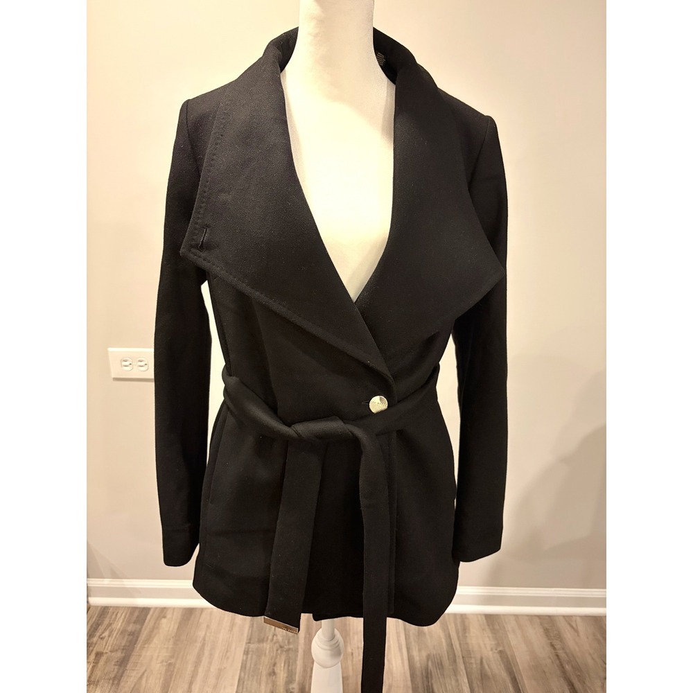 Ted Baker Black Wool Cashmere Wrap Coat Elethea Size 4 US Size 10 Quiet Luxury